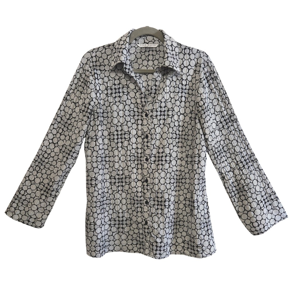 Fred David Woman XL Chic Black White Geometric Circle Print Button Down Blouse